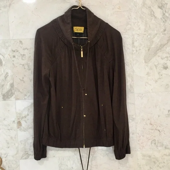 ST JOHN Jacket {S} Mock Neck Lightweight in Brown